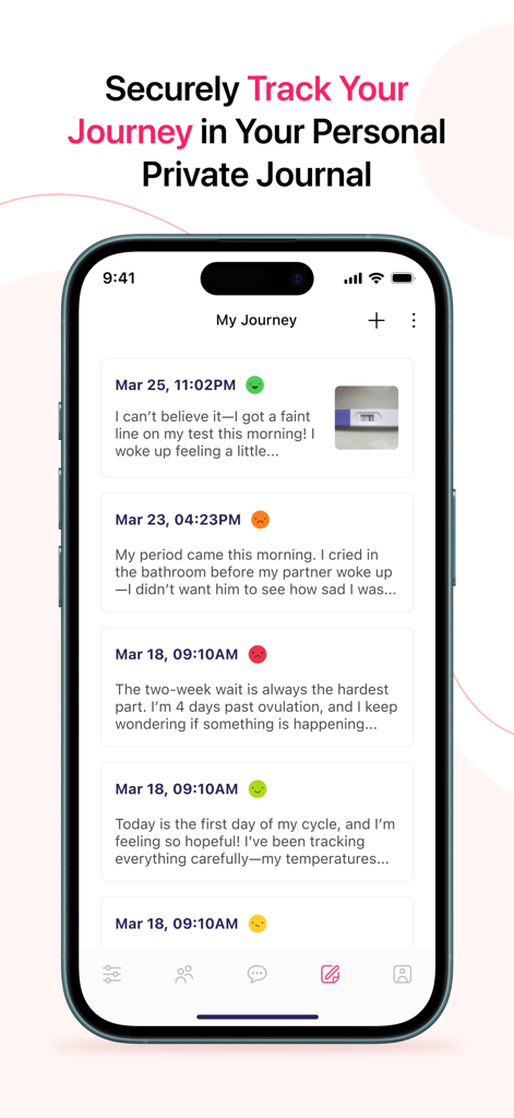 A smartphone displaying the private journal feature for tracking pregnancy test results and personal reflections.