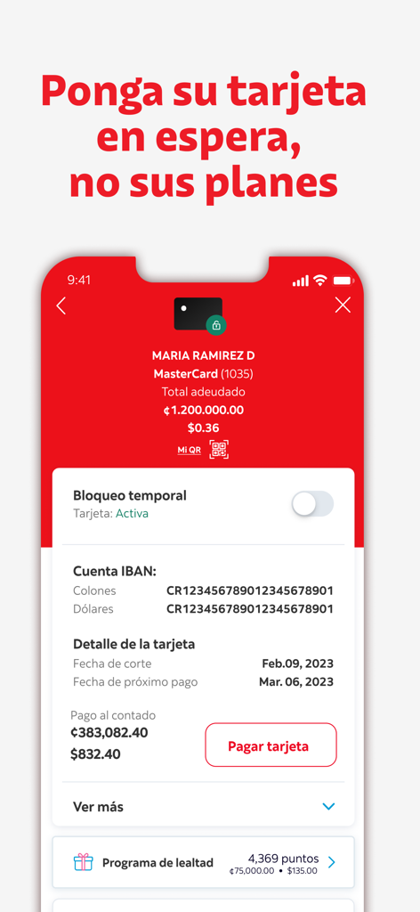 Scotiabank CR, Banca Móvil - Interfaz de la aplicación móvil Scotiabank CR que muestra opciones de gestión de tarjetas de crédito, incluyendo bloqueo temporal y detalles de pago