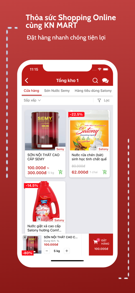KN MART - Khởi Nghiệp Online - KN MART mobile app interface displaying eco friendly home products and discounts in Vietnamese.