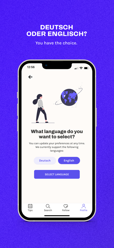 Language selection screen in the Rausgegangen app with options for German and English.