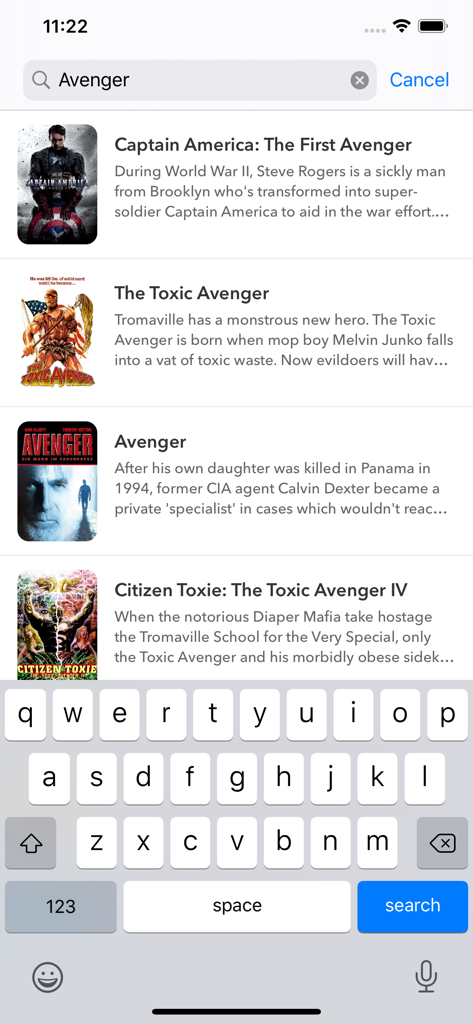MyMovies - Catalog - Search results for Avenger in the MyMovies catalog app with movie posters and descriptions