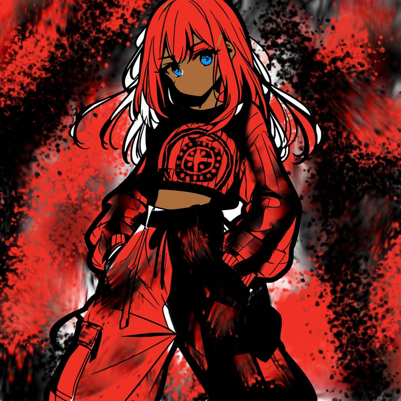 anime teen girl with baggy pants and crop top with sweater