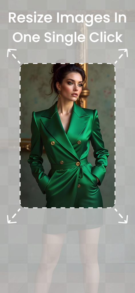 Picture Size Resizer - Eine Demonstration der Größenänderung eines Fotos einer Frau in einem grünen Mantel mit einem einzigen Klick in der App-Oberfläche.