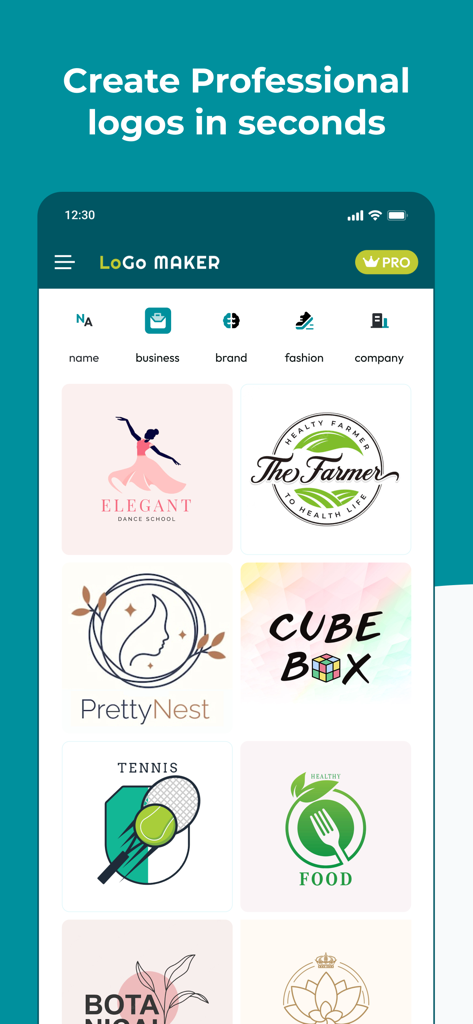 AI Digital Logo Design Maker - Una interfaz de aplicación móvil que muestra una galería de diversas plantillas de logos profesionales para branding empresarial y personal.