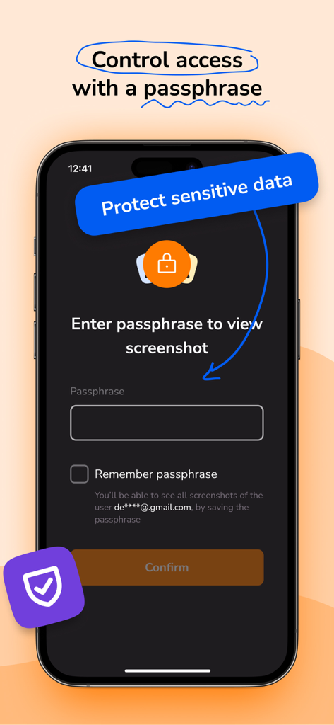 Screenia mobile app interface showing passphrase protection for secure screenshot sharing