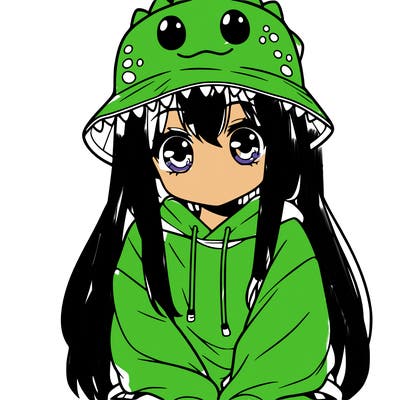 girl with anime shaped eyes with a dinosaur bucket hat oversized sweatshirt long straight hair