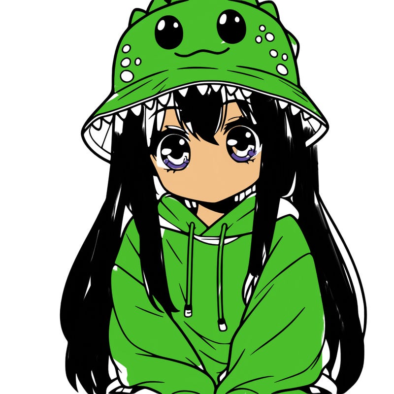 girl with anime shaped eyes with a dinosaur bucket hat oversized sweatshirt long straight hair