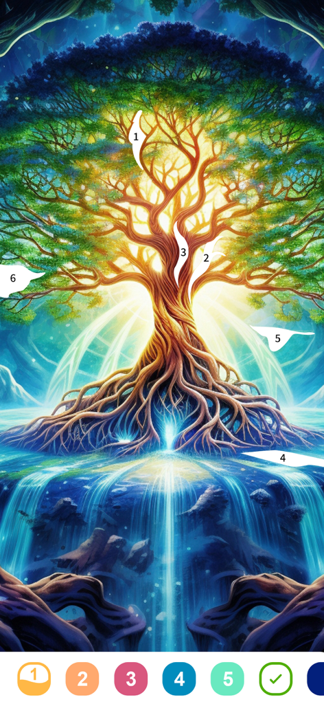 Ein magischer leuchtender Lebensbaum über einem Wasserfall in einer Malen-nach-Zahlen-App-Oberfläche