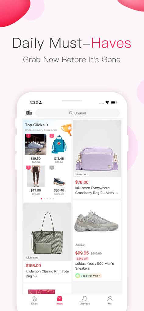 DealMoon - Best Deals, Coupons - Interfaz de la aplicación móvil DealMoon mostrando ofertas de productos imprescindibles diarios y descuentos de moda