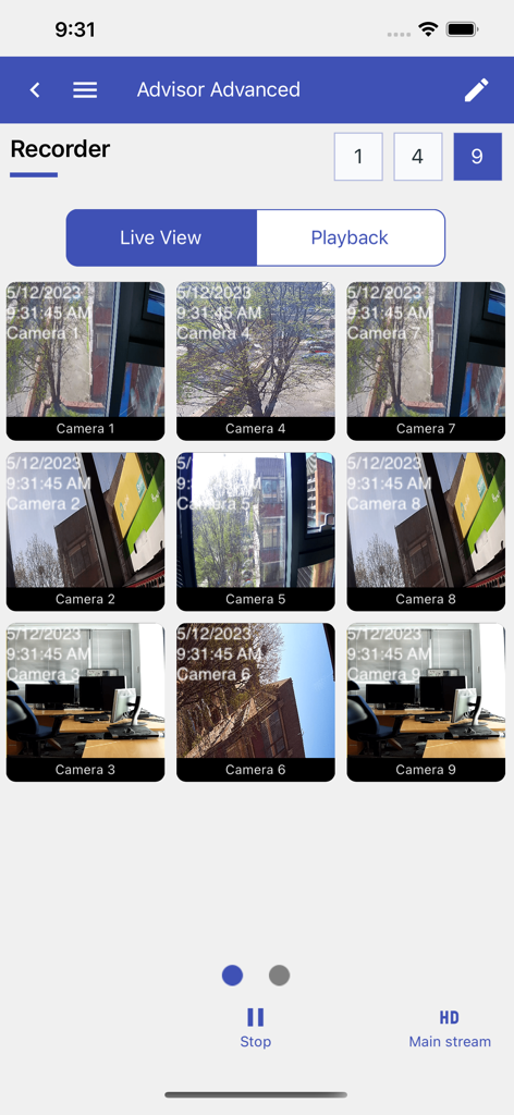 Advisor Advanced Pro - La aplicación Advisor Advanced Pro que muestra una cuadrícula de nueve transmisiones de cámaras de seguridad en vivo para monitoreo del hogar o negocio