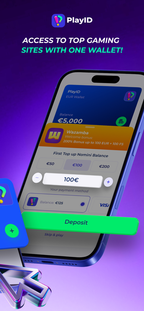 PlayID app - Interfaccia dell'app mobile PlayID che mostra un deposito su un sito di giochi con un portafoglio digitale