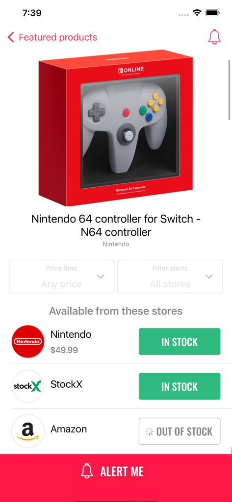 HotStock app showing real-time stock availability for a Nintendo 64 controller across retailers like Nintendo and Amazon