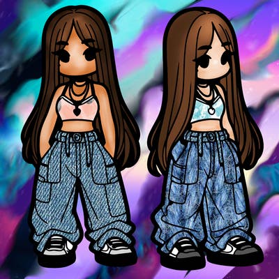 girl in baggy pants crop top and long hair