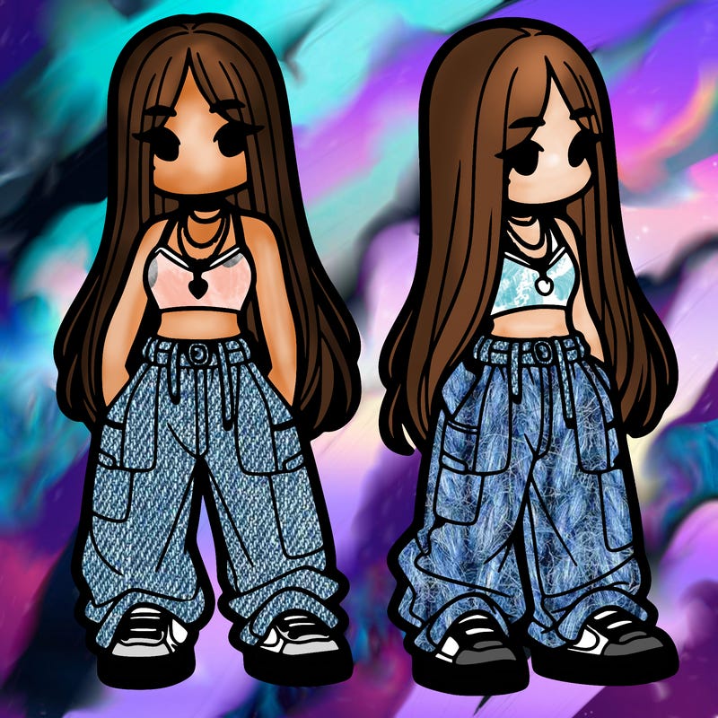 girl in baggy pants crop top and long hair