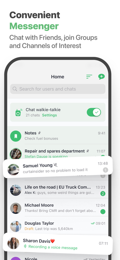 Roolz Navigation for Truckers - Roolz App Messenger-Oberfläche mit Chatgruppen für LKW-Fahrer und einem Walkie-Talkie-Schalter