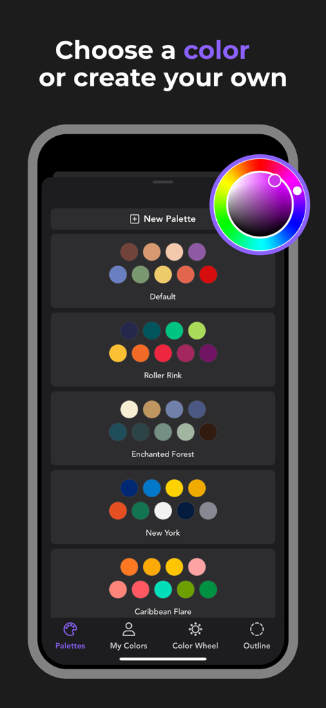 Interface of the Pigment app showing a variety of color palettes and a custom color wheel.