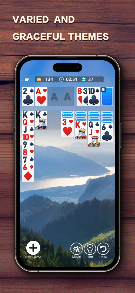 Solitaire Master game interface featuring a scenic mountain lake background theme