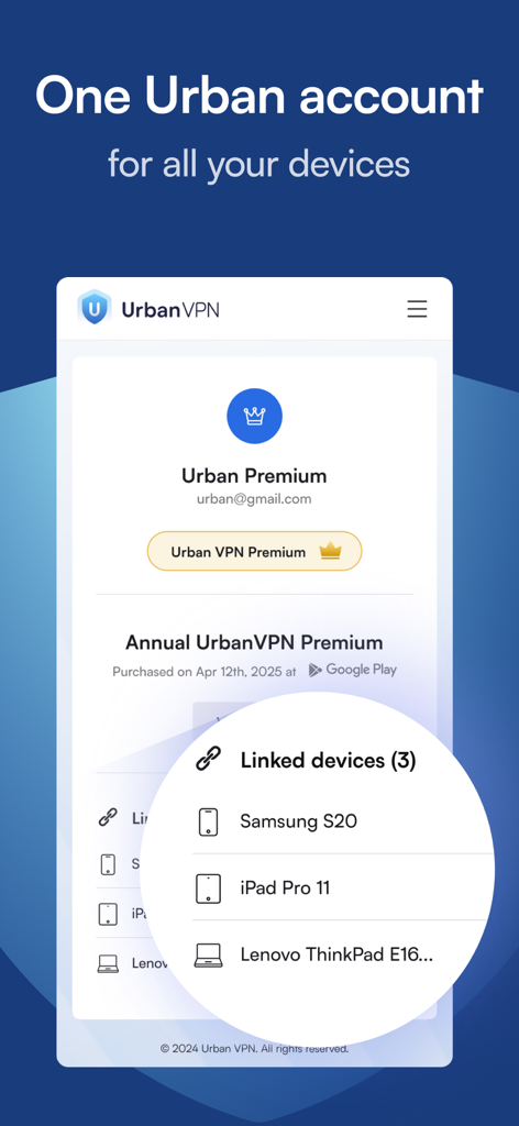 Pantalla de la aplicación Urban VPN Premium que muestra múltiples dispositivos vinculados, incluyendo un teléfono, tableta y portátil bajo una sola cuenta.