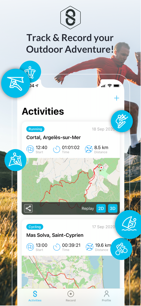 SportsTrackLive: Action Sports - Interface of the SportsTrackLive app showing running and cycling activities with GPS routes and performance stats