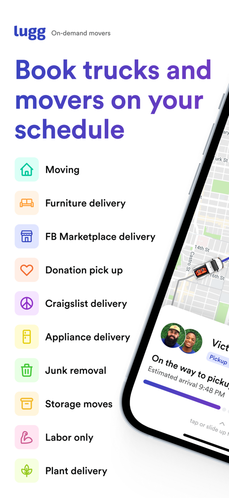 Lugg app interface showing on-demand moving and delivery services with real-time crew tracking on a map