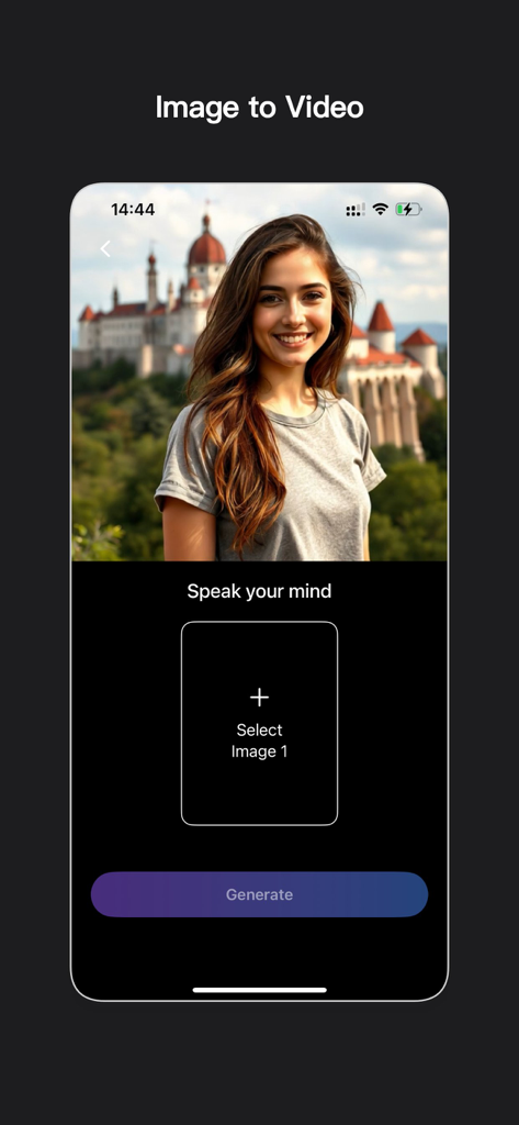 Remake AI App-Oberfläche zur Umwandlung von Bildern in Videos, mit einem Beispielbild und einem Generieren-Button