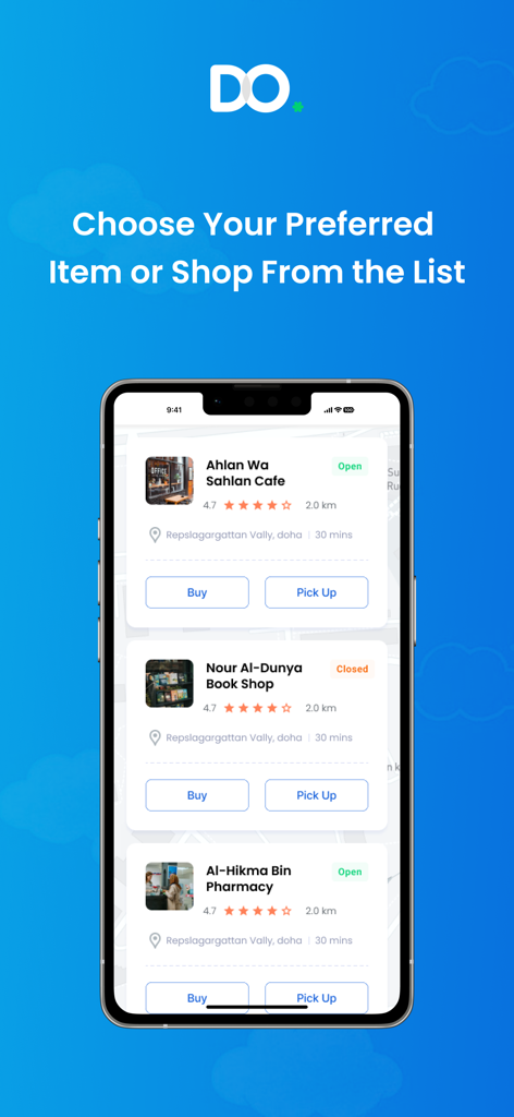 DoDelivery mobile app interface showing a list of local shops including a cafe, book shop, and pharmacy with options to buy or pick up.