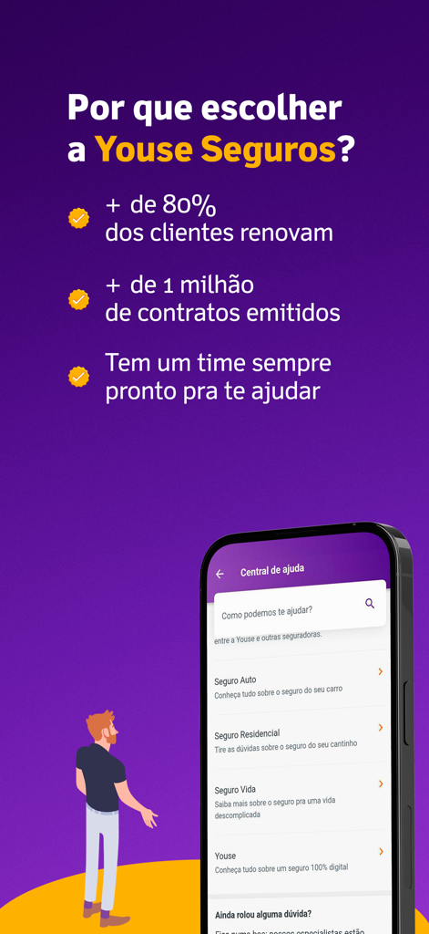 Youse Seguros app interface showing the digital help center and customer trust statistics for auto home and life insurance