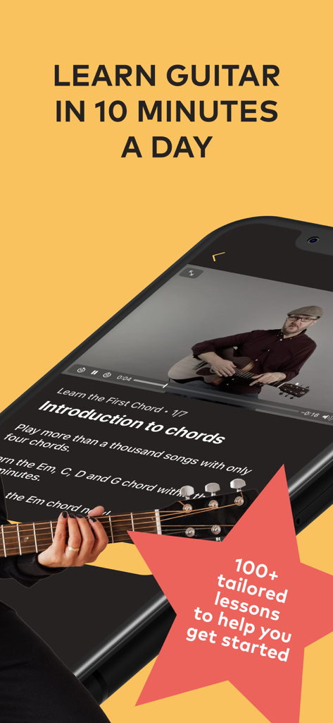 Fretello Guitar Lessons - A smartphone showing a guitar lesson video titled Introduction to chords with a headline that reads Learn guitar in 10 minutes a day