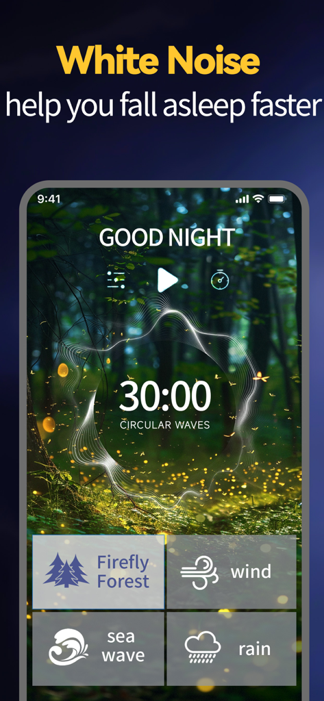 Smart Alarm Clock-Focus&Sleep - Interface of the Smart Alarm Clock app featuring white noise sounds like Firefly Forest and wind to help users fall asleep faster.