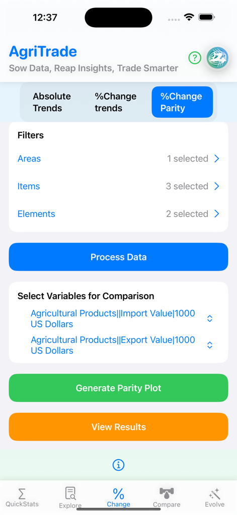 AgriTrade - AgriTrade app interface showing change analysis and parity plot settings for agricultural trade data