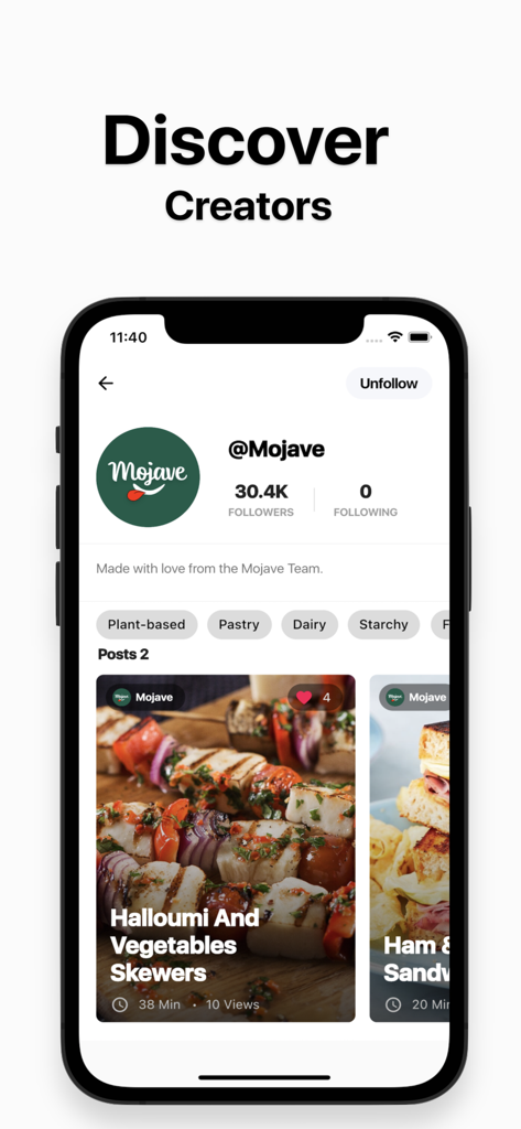Mojave - Food - Mojaveフードアプリのクリエイタープロフィールページ。レシピ投稿とフォロワー数が表示されている