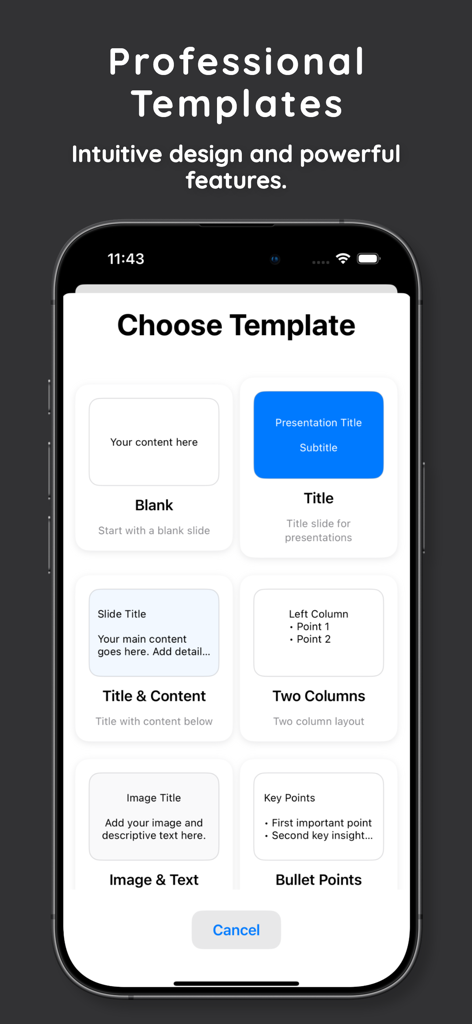 Una interfaz móvil que muestra varias plantillas de diapositivas profesionales, incluyendo Título, Dos Columnas y Puntos.