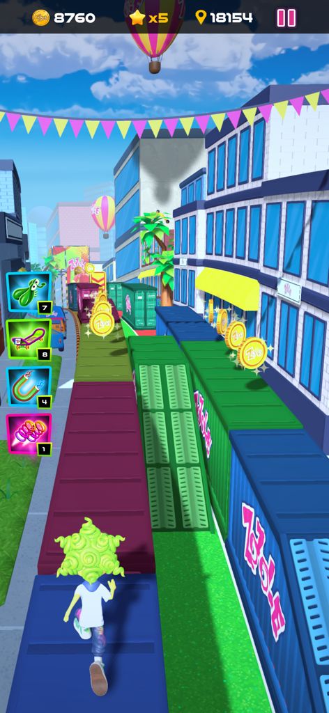 Zozole Run - A character with green hair running on colorful shipping containers in a vibrant city setting in Zozole Run.