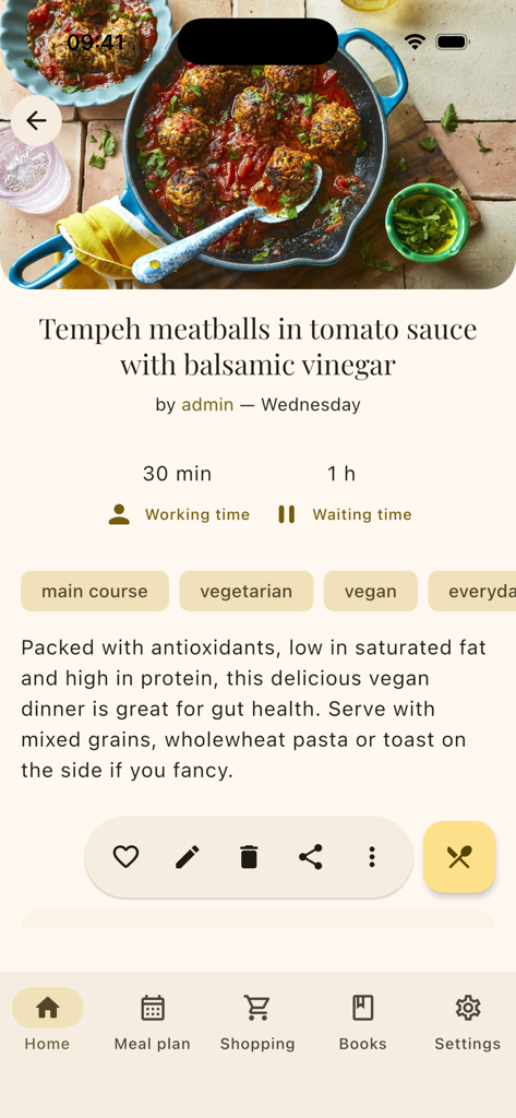 kitshn (for Tandoor) - A recipe for tempeh meatballs displayed in the kitshn app for Tandoor
