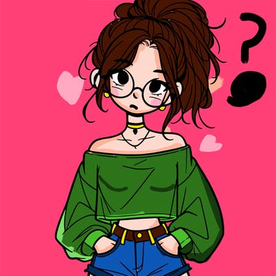 girl with a messy ponytail glasses a baggy crop top and jean shorts