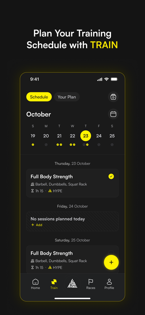 ROXFIT App-Oberfläche, die einen wöchentlichen Trainingsplan mit geplanten Krafttrainingseinheiten und einer Kalenderansicht zeigt.