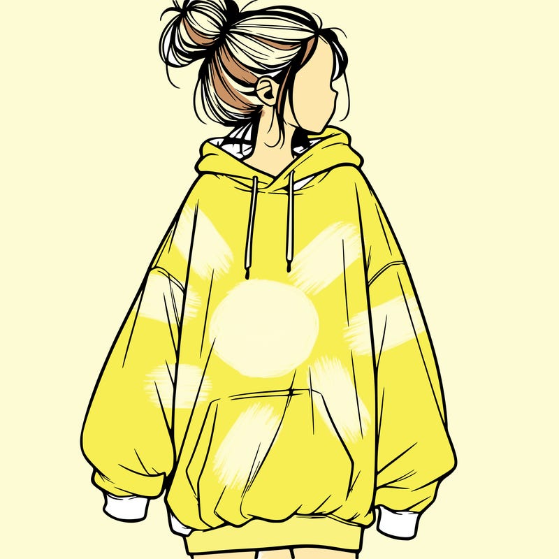 realistic girl with a oversized sweatshirt on and a bun