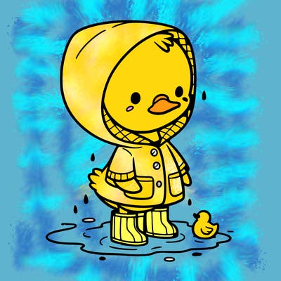 baby duck in a rain coat and boots, in a puddle while it’s raining