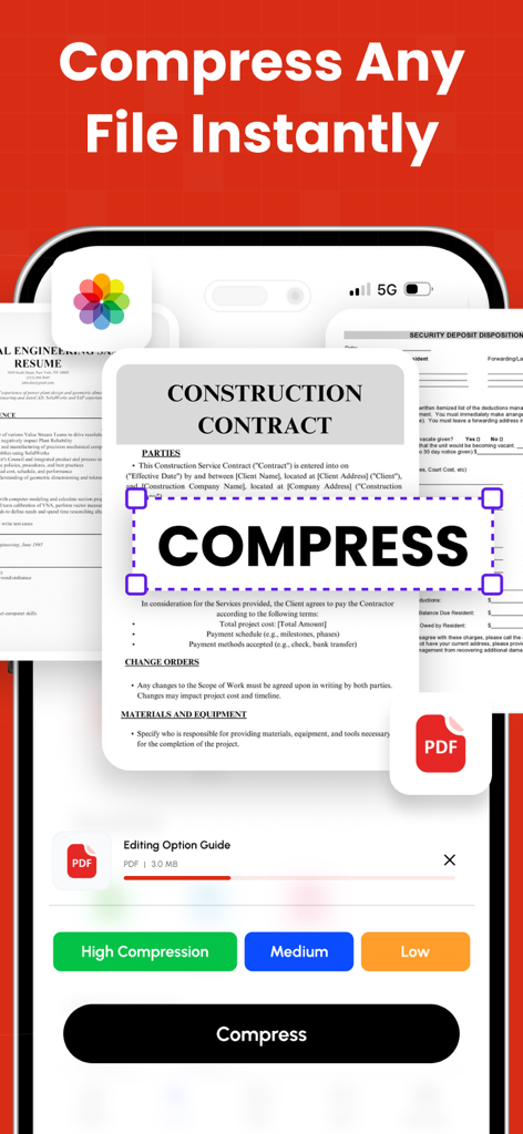 Interfaz de la aplicación móvil que muestra opciones para comprimir un documento PDF con configuraciones alta, media o baja.