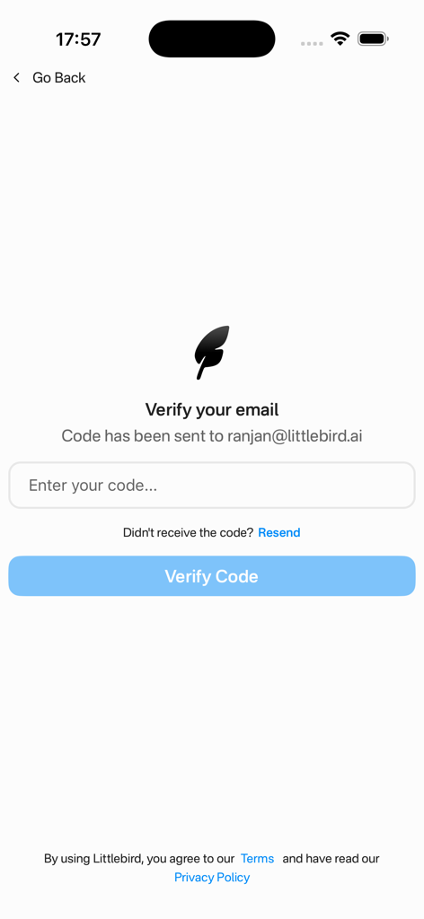 Email verification screen for the Littlebird AI mobile app with a code input field and verify button.