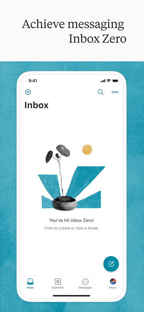 Interface do aplicativo Twist mostrando uma caixa de entrada vazia com uma ilustração de planta calma e a mensagem Você atingiu a caixa de entrada zero