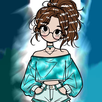 girl with a messy ponytail glasses a baggy crop top and jean shorts