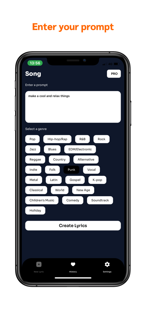 AI Lyric & Song Write | Create - Interface of the AI lyric creator app showing a text prompt field and a grid of musical genres to choose from.