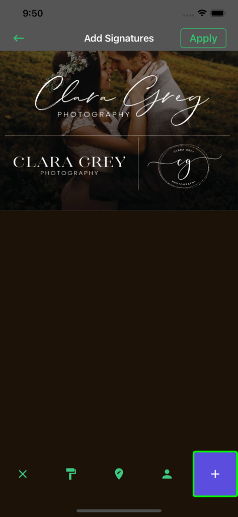 Interface do aplicativo Photo Lab mostrando a tela Adicionar Assinaturas com vários estilos de marca d'água para branding de fotografia.