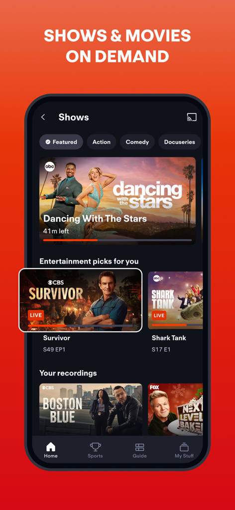 Fuboアプリのインターフェースに、SurvivorやDancing With The Starsなどの様々なオンデマンドテレビ番組や映画が表示されています。