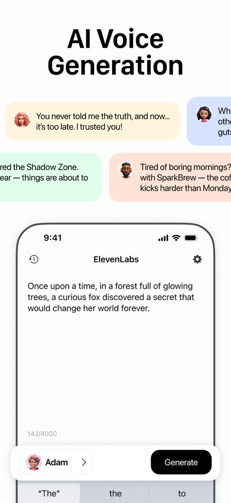 ElevenLabs-AI Voice Generator - Smartphone screen displaying ElevenLabs AI Voice Generator app with text to speech conversion interface