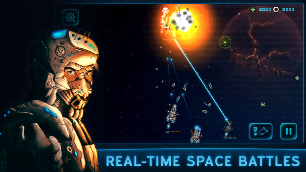 Gameplay screenshot of Battlevoid Harbinger showing a futuristic pilot and real time space battles between fleets