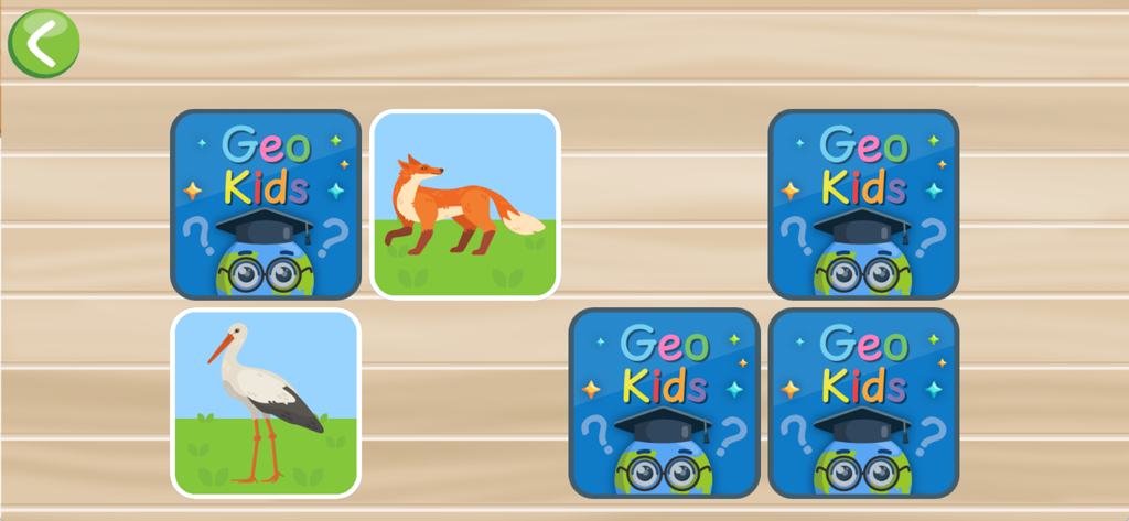 Geo Kids (Qbis Studio) - Animal memory match game screen in the Geo Kids app