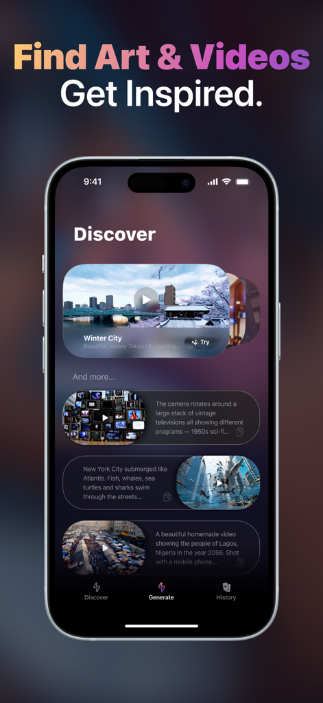 Loomi AI - ‎AI Video Generator - Écran de découverte de l'application Loomi AI montrant une galerie d'exemples de vidéos générées par IA et d'invites créatives