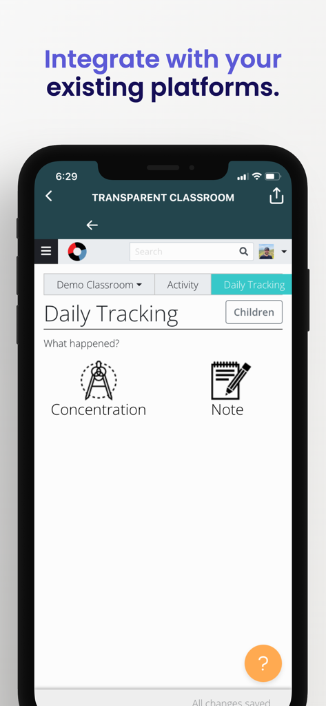 The Montessori App - Screenshot of The Montessori App showing integration with the Transparent Classroom platform for student daily tracking.